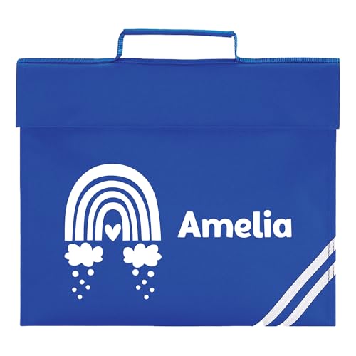 Blue school book bag with rainbow, clouds, heart and name design.