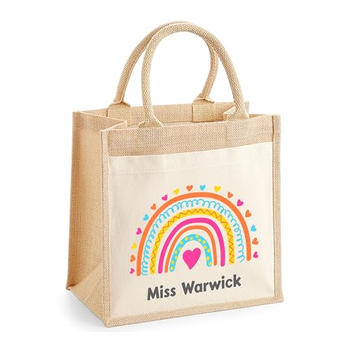 Personalised Rainbow Heart Jute Tote Bag with Name
