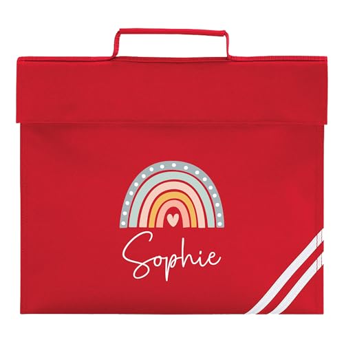 Personalised red school book bag with rainbow heart design and white cursive name.