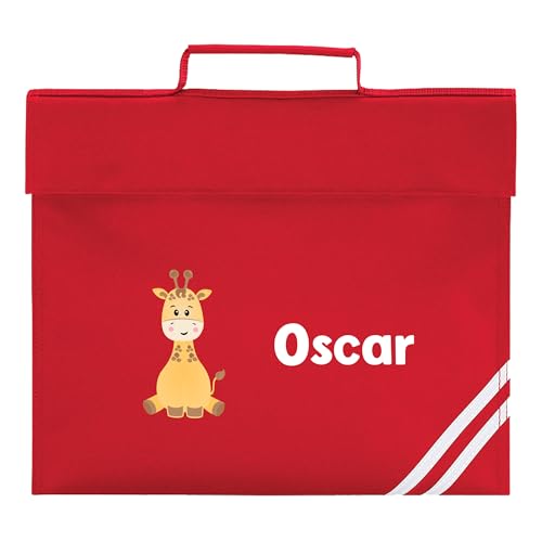 Red school book bag with cartoon giraffe and personalised name