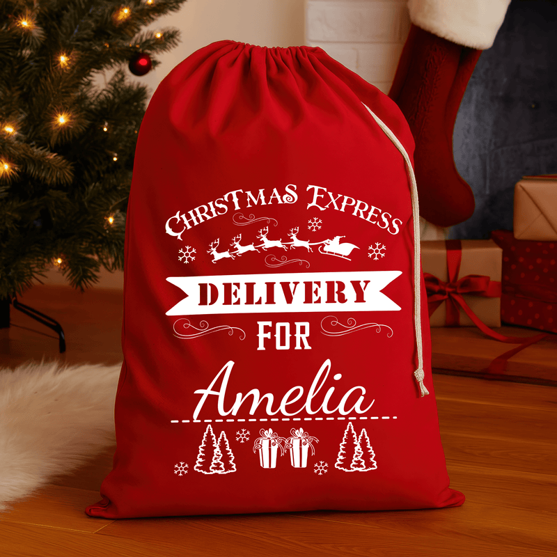 Personalised red Christmas sack with Christmas Express design and printed name