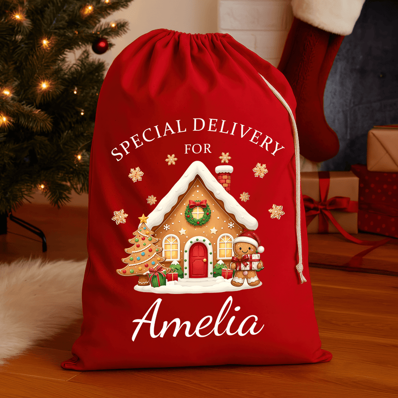 Personalised red Christmas sack with gingerbread house design and printed name