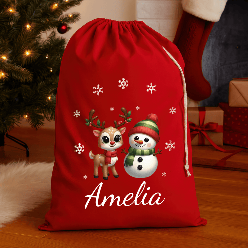 Personalised red Christmas sack with reindeer and snowman design and printed name