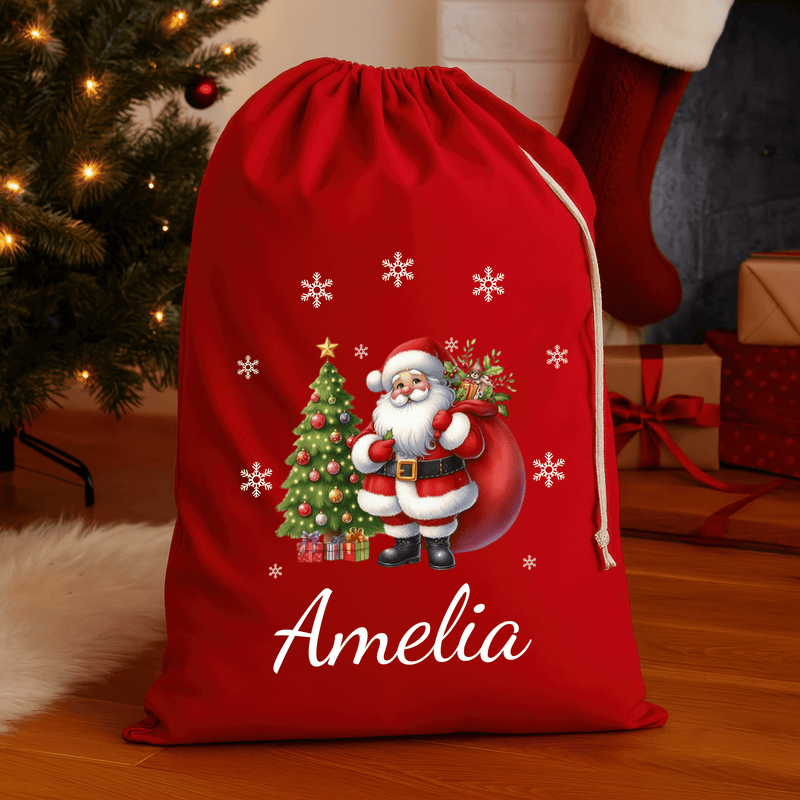 Personalised red Christmas sack with Santa design and printed name