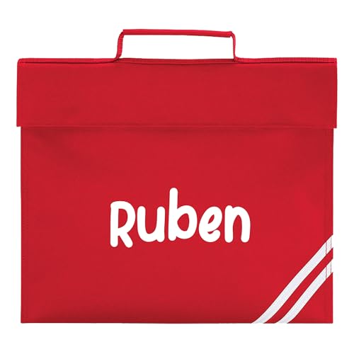 Red school book bag with corner stripe design and large rounded name print.