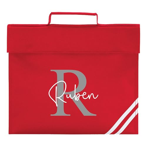Red school book bag with large initial, white name overlay and diagonal stripes.