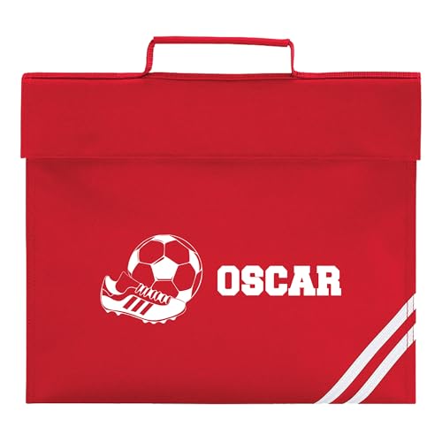 Red football and boot school book bag personalised with a name.