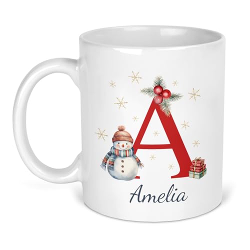 Red snowman initial Christmas ceramic mug personalised with a name.