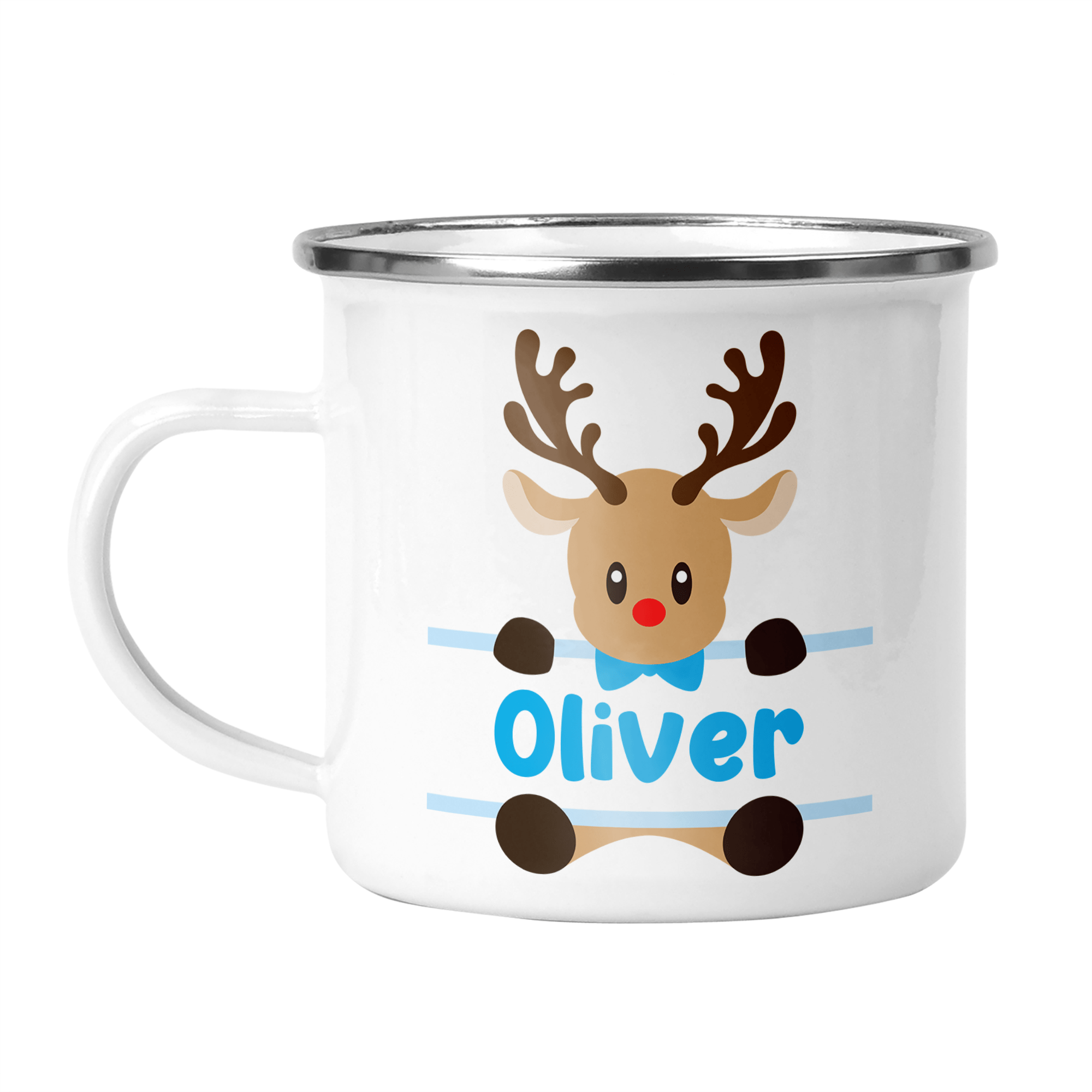 Personalised Reindeer Enamel Mug - Pink, Blue or Red - Chicken Craft Ltd