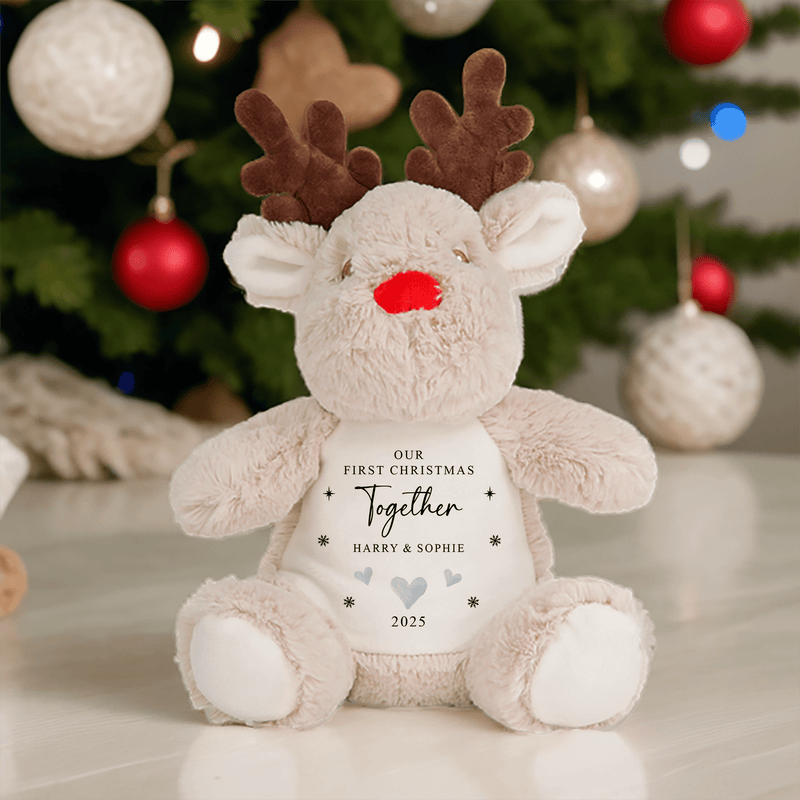 Personalised Our 1st Christmas Together Reindeer Soft Toy with Names showing Our 1st Christmas Together hearts