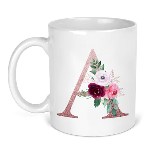 Ceramic mug with rose gold floral initial design