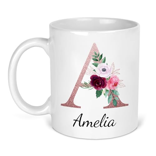 Ceramic mug with rose gold floral initial and name design