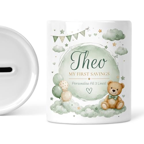 Sage green teddy bear money box with personalised name and message