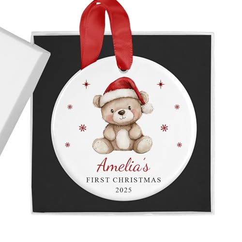 Personalised Santa Hat Bear First Christmas Bauble with Box