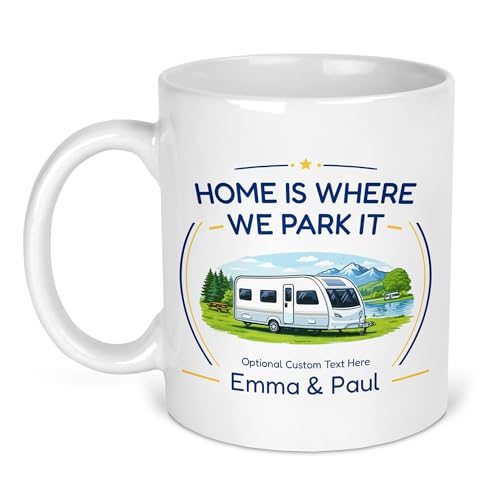 Personalised Single Axle Home Is Where We Park It Ceramic Mug with Name