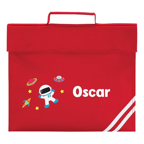 Red Space Theme school book bag with a large personalised name on the front