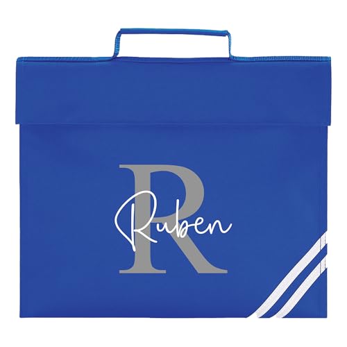 Sporty initial name blue school book bag with large initial and cursive name.