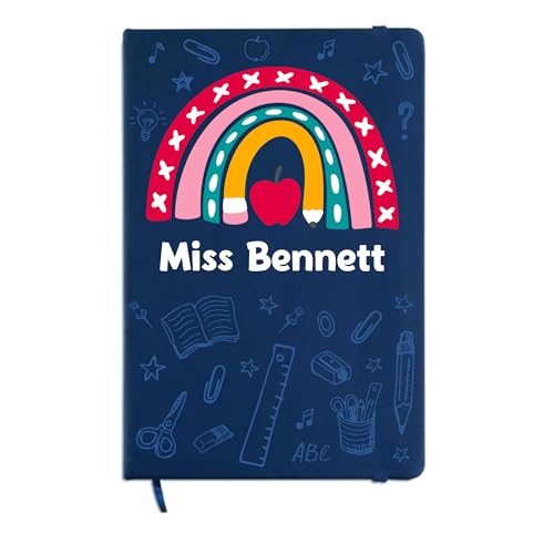 Blue A5 teacher notebook with red apple, rainbow, pencil design and custom name.