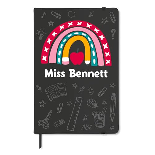Black A5 teacher apple notebook with rainbow pencil design and custom name