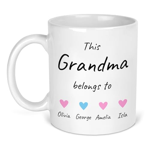 This Grandma Belongs To white ceramic mug with names and pink or blue hearts.