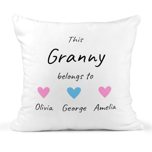 White This Granny Belongs To cushion with pink and blue heart names