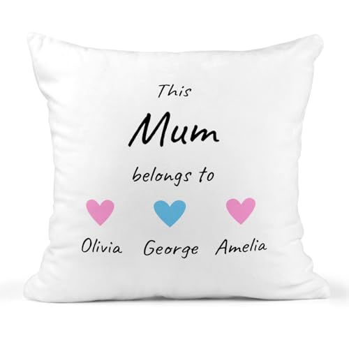 Mum cushion with heart names and fixed This Mum Belongs To wording