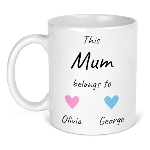 This Mum Belongs To ceramic mug with names and heart icons