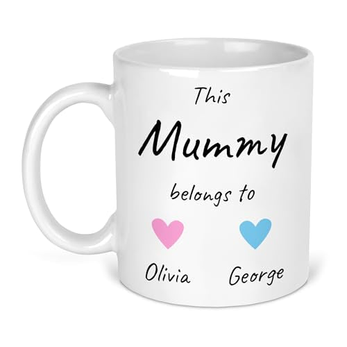 Personalised This Mummy Belongs To white ceramic mug with names and hearts.
