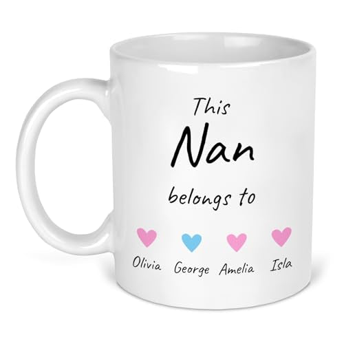 Personalised This Nan Belongs To white ceramic mug with names and hearts.