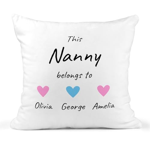 White This Nanny belongs to cushion with children's names and hearts