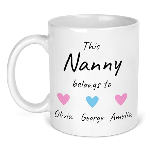 This Nanny belongs to white ceramic mug with names and pink or blue hearts.