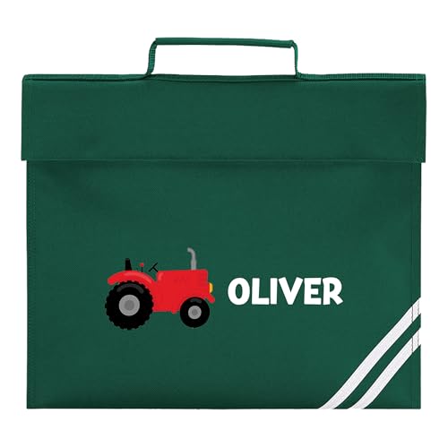 Green Tractor Theme school book bag with name printed on the front