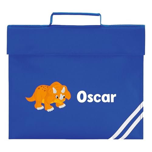 Blue school book bag with triceratops dinosaur and personalised name.
