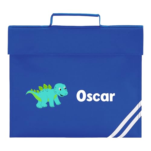 Blue school book bag with turquoise dinosaur and personalised name.