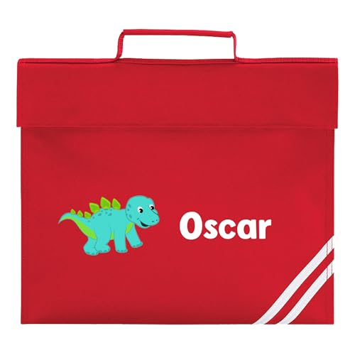 Red school book bag with turquoise dinosaur and personalised name.