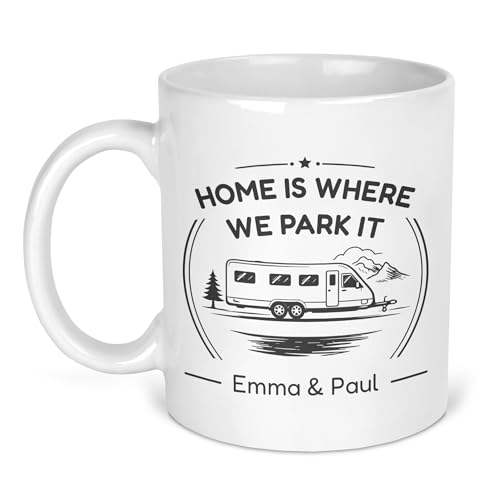 Personalised Twin Axle Grey Home Is Where We Park It Ceramic Mug with Name