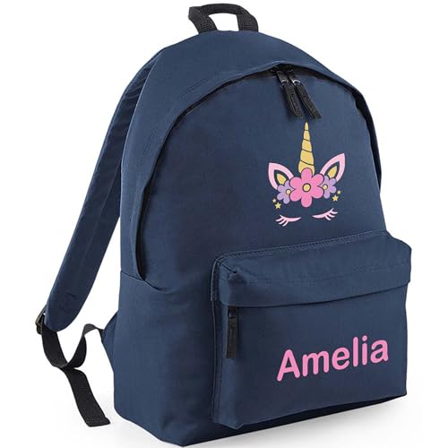Personalised Unicorn Flower Crown - Navy Kids Backpack with Name product image