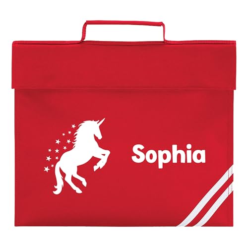 Red school book bag with unicorn silhouette, stars and personalised name.