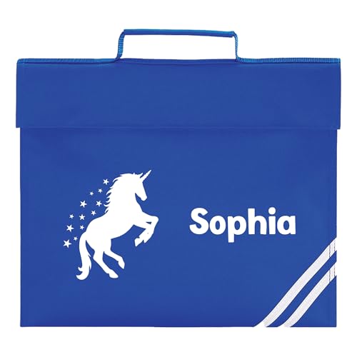 Blue school book bag with white unicorn, stars and personalised name.