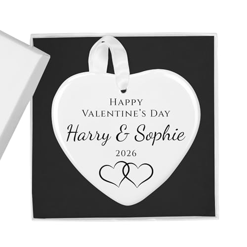 Happy Valentine's Day Interlinked Hearts white ceramic heart ornament