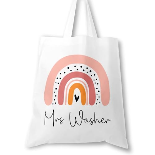 Personalised White Boho Rainbow teacher tote bag with name