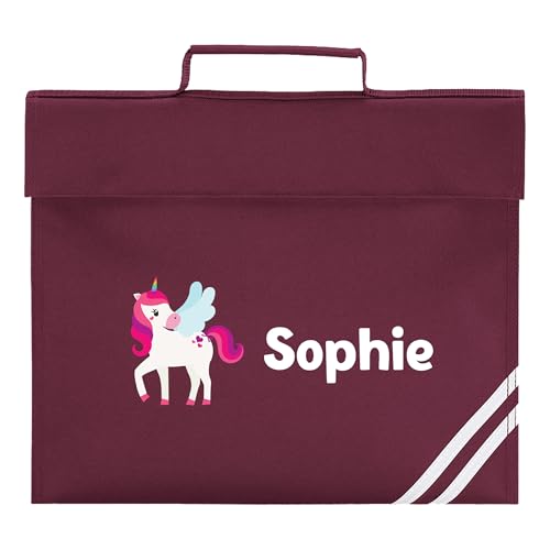 Burgundy Winged Unicorn school book bag with bold white personalised name