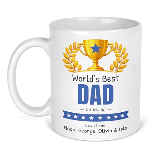 Worlds Best Dad ceramic mug with gold trophy and personalised names
