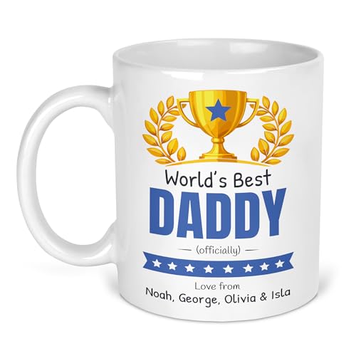 Worlds Best Daddy ceramic mug with gold trophy and personalised names