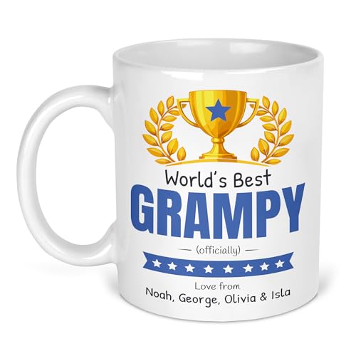 Worlds Best Grampy ceramic mug with gold trophy and personalised names