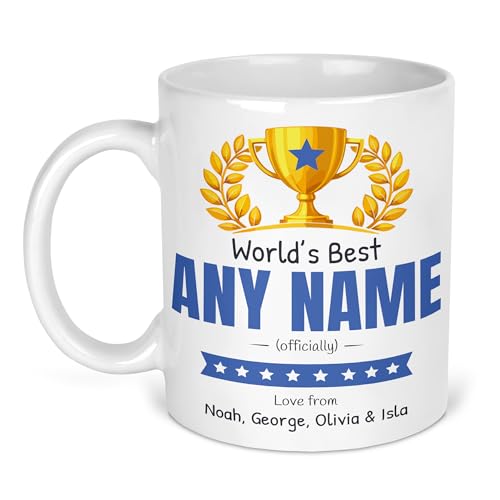 Worlds Best ceramic mug with gold trophy and personalised names