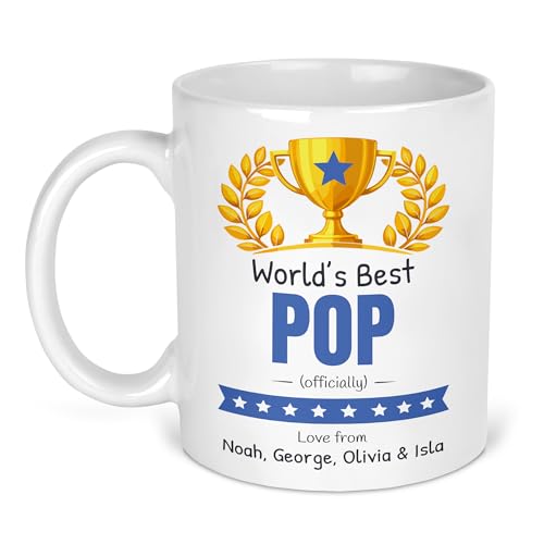 Worlds Best Pop ceramic mug with gold trophy and personalised names