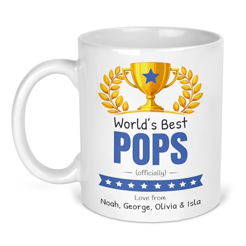 Worlds Best Pops ceramic mug with gold trophy and personalised names