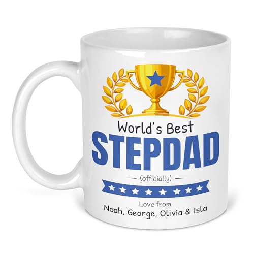Worlds Best Stepdad ceramic mug with gold trophy and personalised names