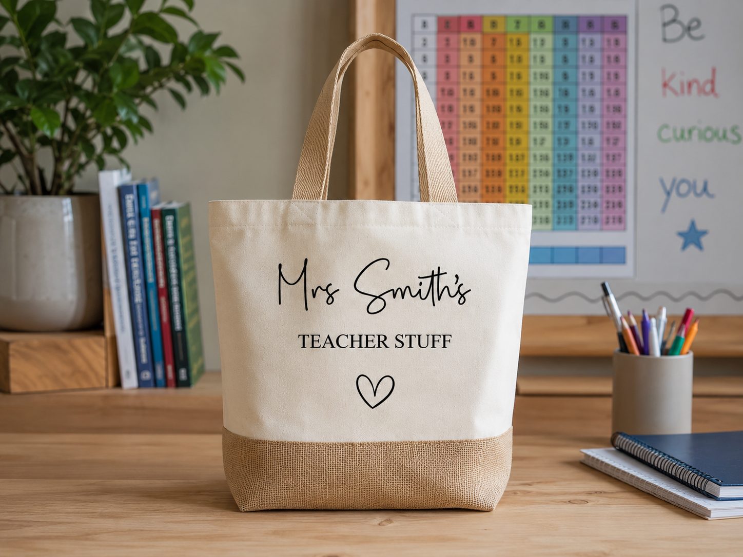 Personalised Teacher Stuff jute bag on a classroom desk